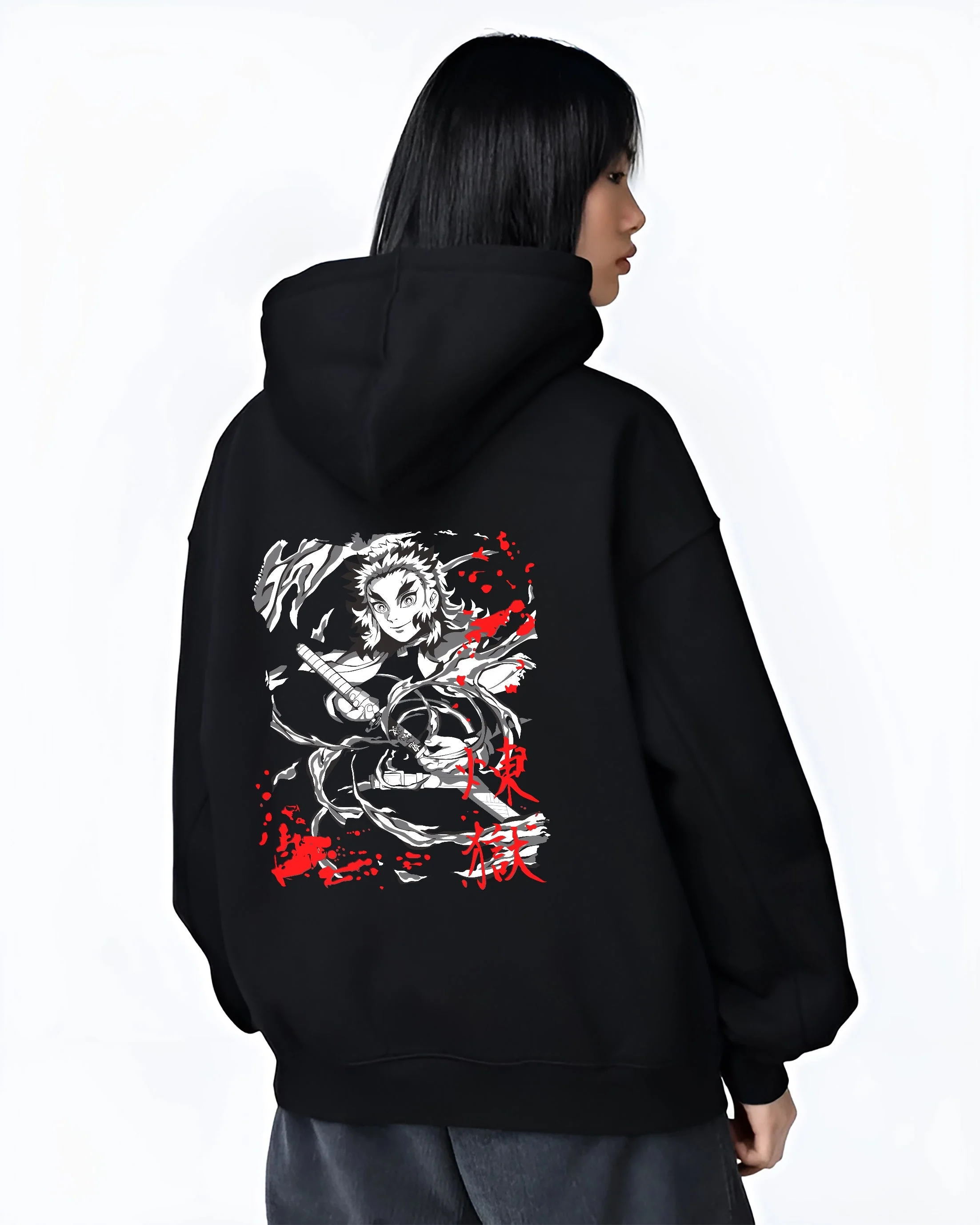 Kyojuro Rengoku Demon Slayer Black & White Hoodie - Image 3